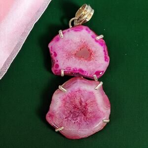 Double Pink Agate Geode Pendant – Handmade Sterling Silver Statement Necklace